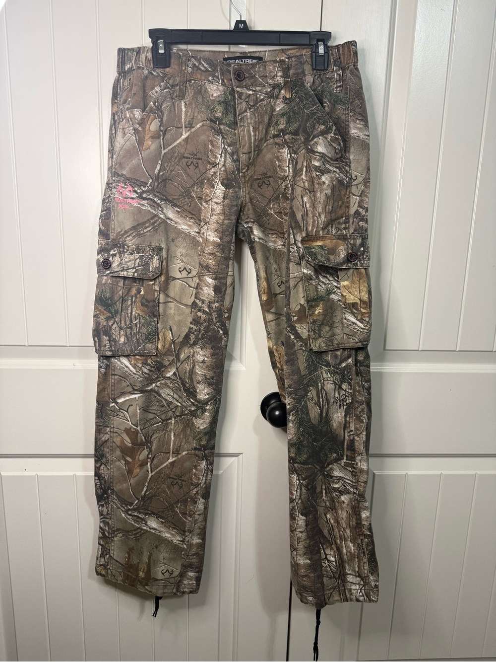 Realtree Wide Leg Camo Cargo Pants in Brown and Green with Pink Logo